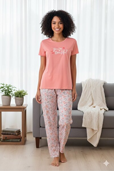 FAMES PİJAMA Women's Pink Short Sleeve Stretch Fabric Viscose Summer Pajamas Set