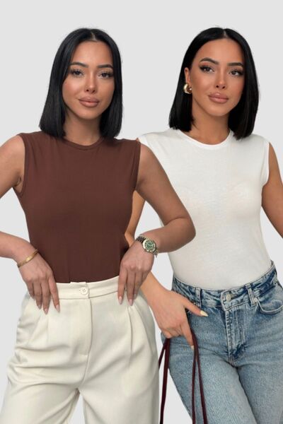 Lunamiratto Women's Cotton 2-Pack White, Brown Crew Neck Sleeveless Bodysuit ...