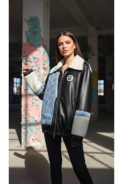 RED WOMAN FASHİON Patterned Leather Jacket with Fur Collar and Denim Detail