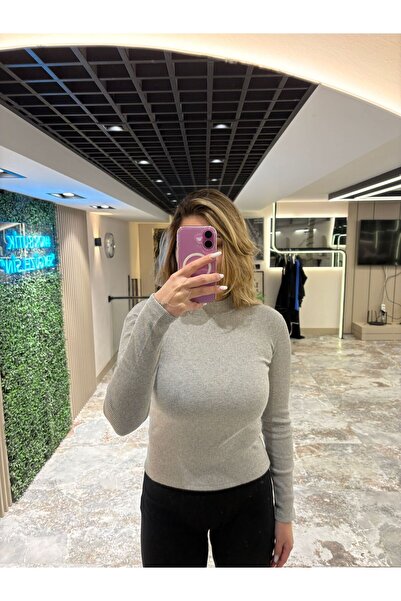 mor butik Women's Gray Ribbed Knit Half Turtleneck Classic Plain Blouse