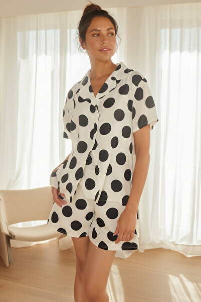 Laperissa Ecru Shirt Collar Polka Dot Woven Women's Pajama Set
