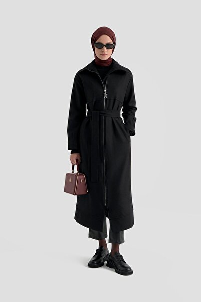 Armine TREND Belden Kuşaklı Astarlı Dik Yaka Pardösü Siyah 25KT801