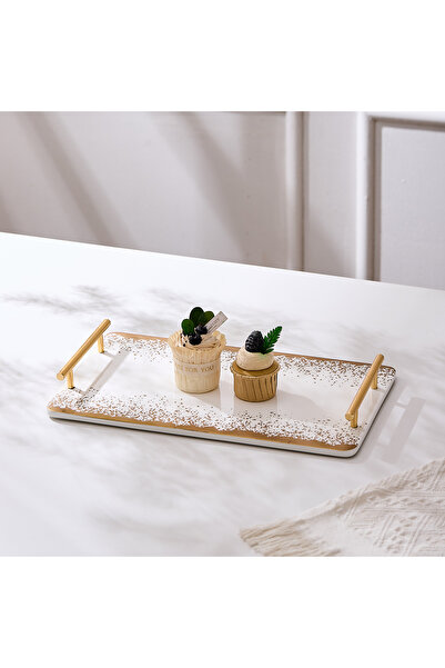 Malooki Porcelain serving tray with gold handles, 35.5 cm - Snowing Collection