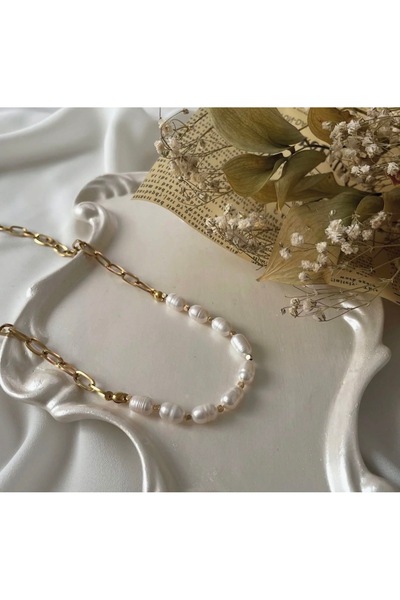 Taşmir قلادة من اللؤلؤ الأصلي مع تفاصيل سلسلة فولاذية معتمدة