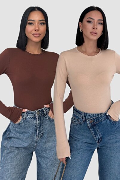 Lunamiratto Women's 2-Piece Long Sleeve Bodysuit Beige, Bitter Brown Crew Nec...