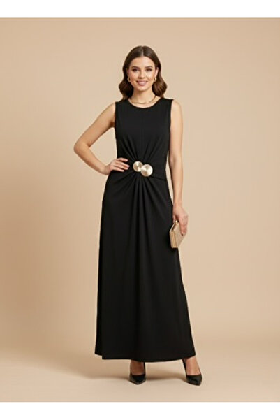 She Combines Women's Black Combed Cotton Long Dress – Gold Accents, Sleeveles...
