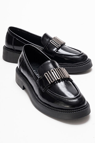 GRADA Piele naturală Cataramă metalică Piele lacuită neagră Pantofi mocasini ...