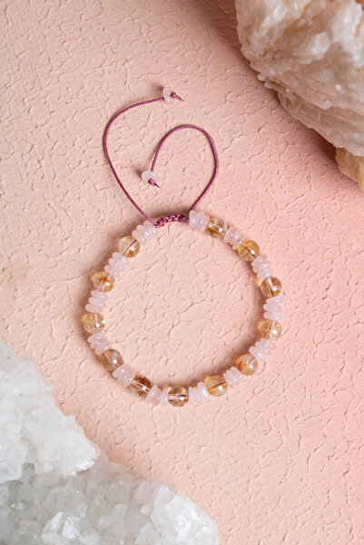 OSMANLI DOĞAL TAŞ Certified Citrine, Pink Quartz Natural Stone Macrame Bracel...