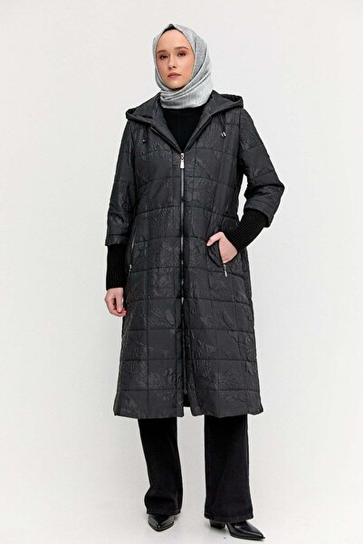 Setrms Kapüşonlu Çiçek Desenli Kapitone Kaban