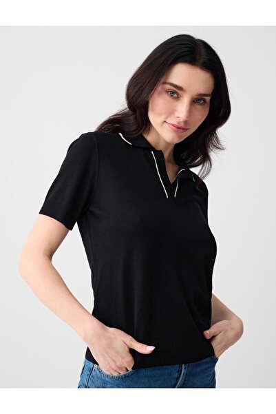 Jimmy Key Чорна V-подібна блузка з короткими рукавами та смугастими деталями