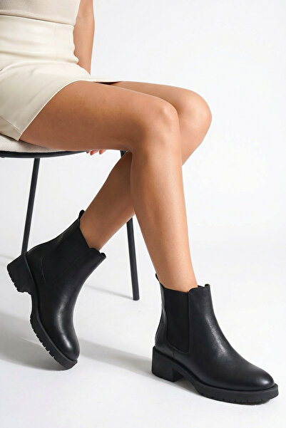 GRADA Black Genuine Leather Simple Flat Women's Boots & Booties with Elastic ...