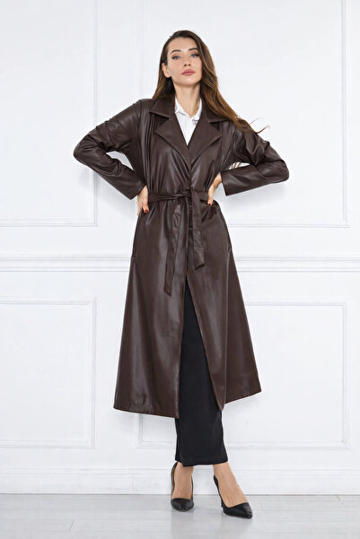 comstar Women's Trendy Belted Long Dark Brown Leather Coat with Pockets