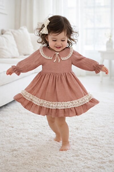 Babyhola Dantel İşlemeli Bebe Yaka Vintage Müslin Kız Bebek Elbise 2017