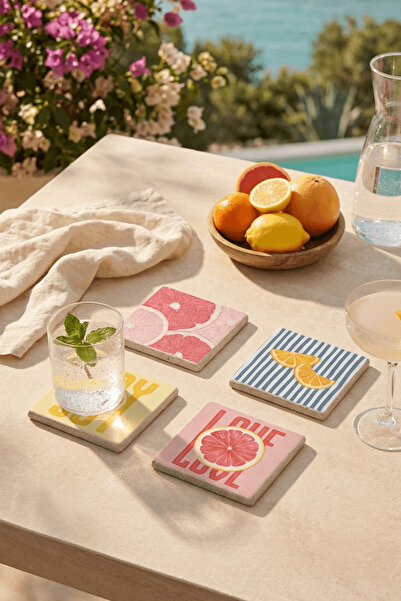 Baumatelier Love and Joy Themed Pop Art Natural Stone Travertine Coasters Sto...