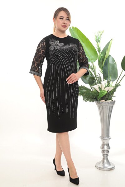 JERFİ Women's Lace and Stone-Detail Modal Midi Dress