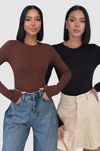 Lunamiratto Women's 2-Piece Long Sleeve Bodysuit Black, Bitter Brown Crew Nec...