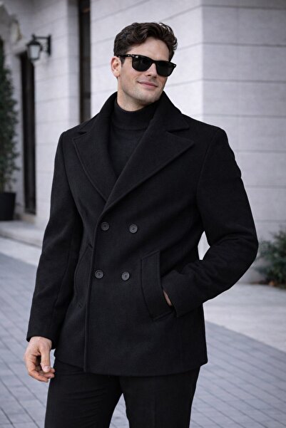 BASEL.CO Men's Casual Double-Breasted Midi Length Cashmere Coat - Modern Cut