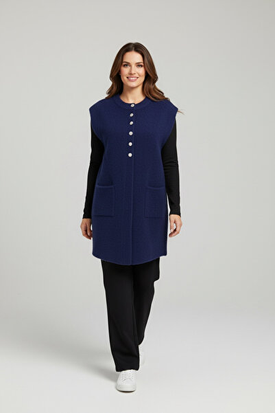 ECE GİYİM Women's Angora Vest with Pockets and Half Buttons on the Front