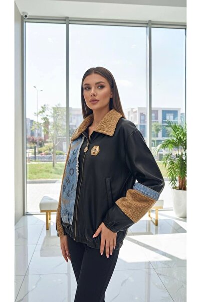 RED WOMAN FASHİON Patterned Leather Jacket with Fur Collar and Denim Detail