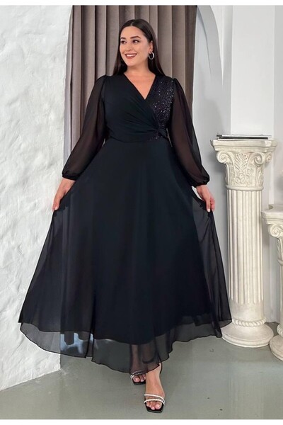 Şirin Butik Kadın Büyük Beden Kruvaze Yaka Pul Payet Detaylı Şifon Abiye Elbise