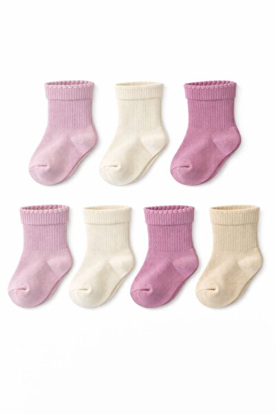 SOLDE SOCKS مجموعة من 7 جوارب قطنية للأطفال - لون سادة (أرجواني فاتح/داكن، بي...