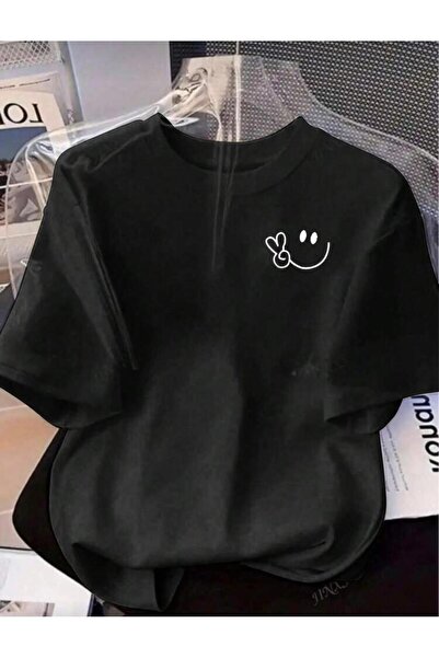 Oceanwear Smile Smiling Face Printed Crew Neck Short Sleeve Unisex Plain Blac...