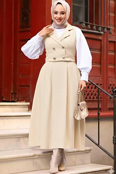 Tesettür Diyarı Women's Four Button Vest Set Tweed Suit - Cream