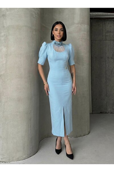 ALFUDO Moda Collection Collar Flower Detail Watermelon Sleeve Midi Graduation...