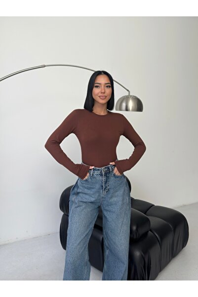 Lunamiratto Women's Bitter Brown Long Sleeve Body Crew Neck Body Cycling Badi...