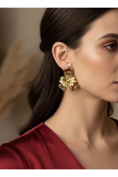 Elmosia Jewelry Gold Renk Çelik Fiyonk Detaylı VIP Şık Kadın Küpe – Zarif ve ...
