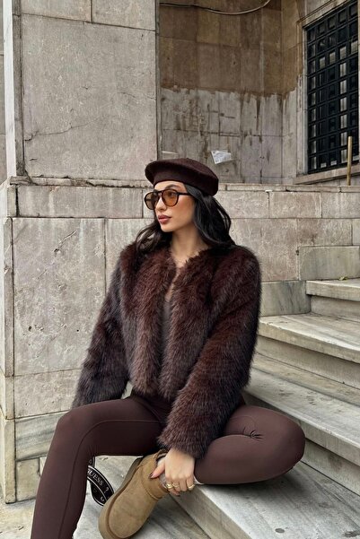 Moderk ZR İthal Premium Kalite Yakasız Kürk Kadın Mont Ceket Kaban