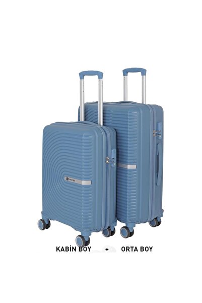 MÇS Bavul Orta ve Kabin 2li Set Kırılmaz Silikon Valiz V374 SkyBlue