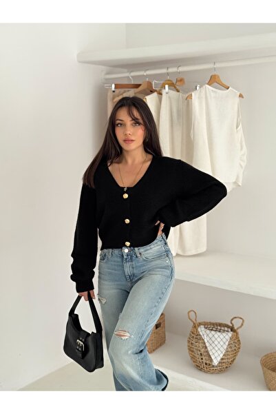 kikiriktekstil Cardigan tricotat cu decolteu în V și nasturi aurii, cu textur...