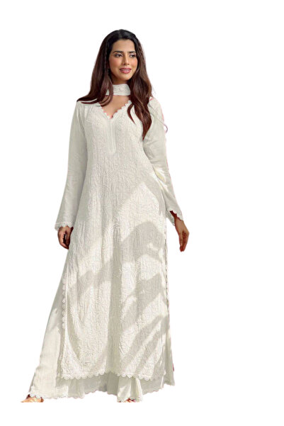 MYSMAR White Faux Georgette Salwar Kameez & Dupatta Set - HRT5439 | White