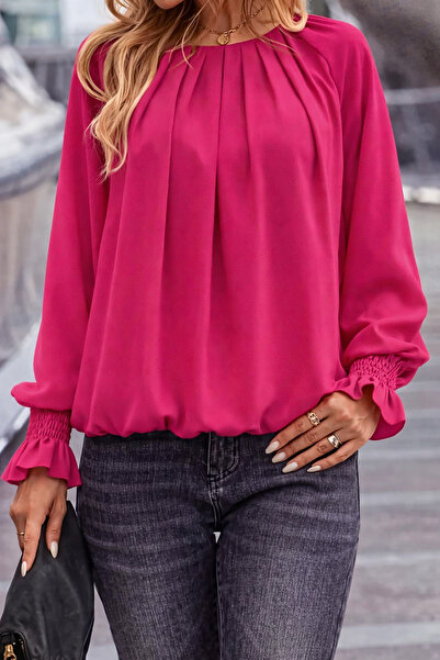Deafox Fuchsia Round Neck Pleated Lantern Sleeve Crepe Fabric Blouse