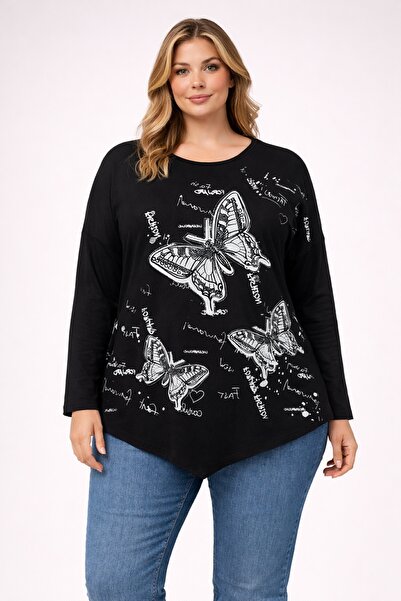 Şans Жіноча блузка великого розміру, чорна, з принтом метеликів і асиметрични...