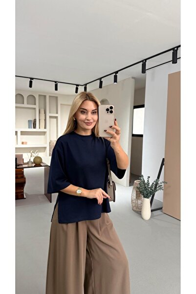 Sezgi Tekin Slit Detail Oversized Navy Blue Tok Modal Basic Tshirt