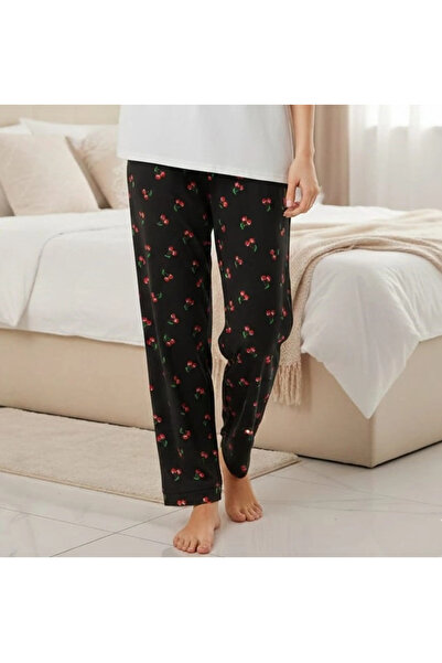 Erdenay Tekstil Silky Textured Suede Pajama Bottoms Navy Blue Cherry Patterned