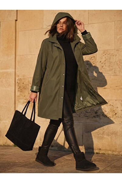 Hanezza Büyük Beden Kapişonlu Uzun Trençkot
