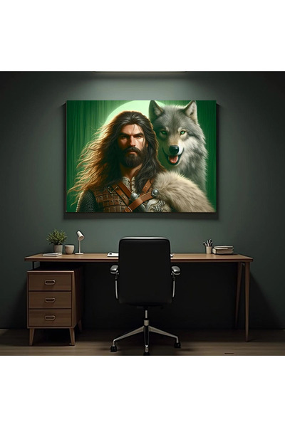 Printees Tablou - Războinic antic cu lup - Canvas pe șasiu