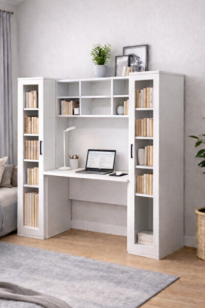 Setay Çalışma Masası, Merisa Çalışma Masası 2 Adet Cam Kapaklı Kitaplık