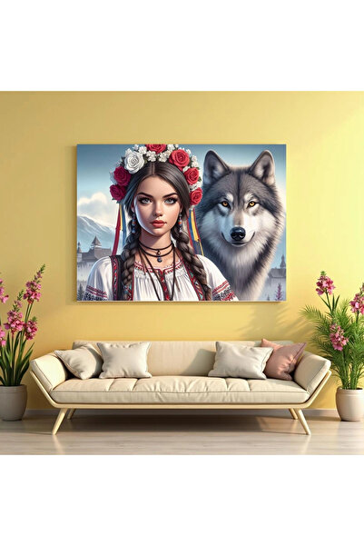 Printees Tablou - Româncă cu lup - Canvas pe șasiu