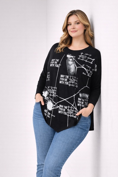 Şans Жіноча блуза великого розміру, чорна, з принтом у вигляді каменів, асиме...