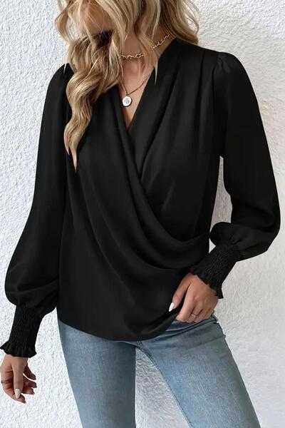 Deafox Black V-Neck Front Cross Detail Long Sleeve Crepe Fabric Blouse
