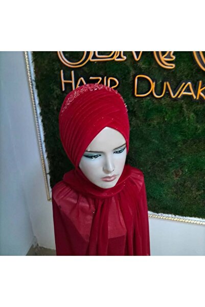 semahazırduvak Kırmızı Simli Aksesuarlı model hazır türban hazır şal abiye şa...