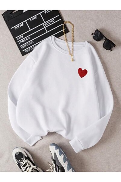 Kids Single Little Red Heart Printed Girls Winter Children's Sweatshirt White