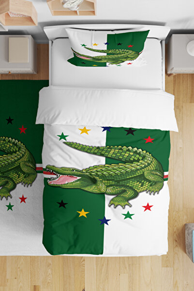 BelezaHome Green and White Crocodile Themed Children's Room Duvet Cover Set