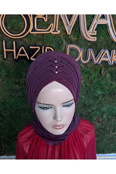 semahazırduvak Mürdüm Taş İşlemeli Detaylı Model hazır türban hazır şal abiye...