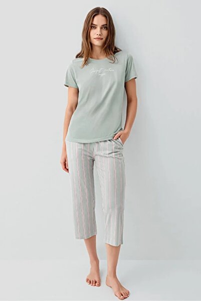 YUYİ Plerre Cardln Modal Cotton Circular Neck Short Sleeve Women's Capri Paja...