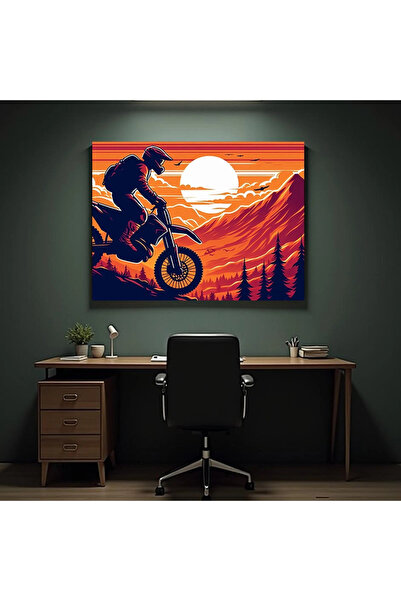 Printees Tablou - Ilustrație Biker la apus - Canvas pe șasiu